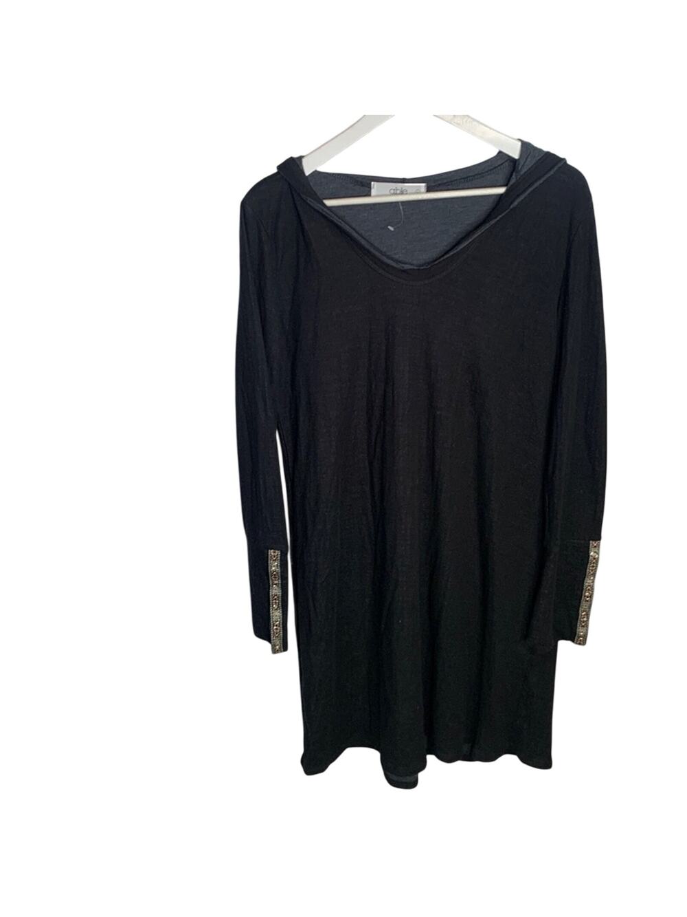 Able Clothing Knit Dress Hoodie Black Long Embroidered Cuffs Button W-592 Sz L